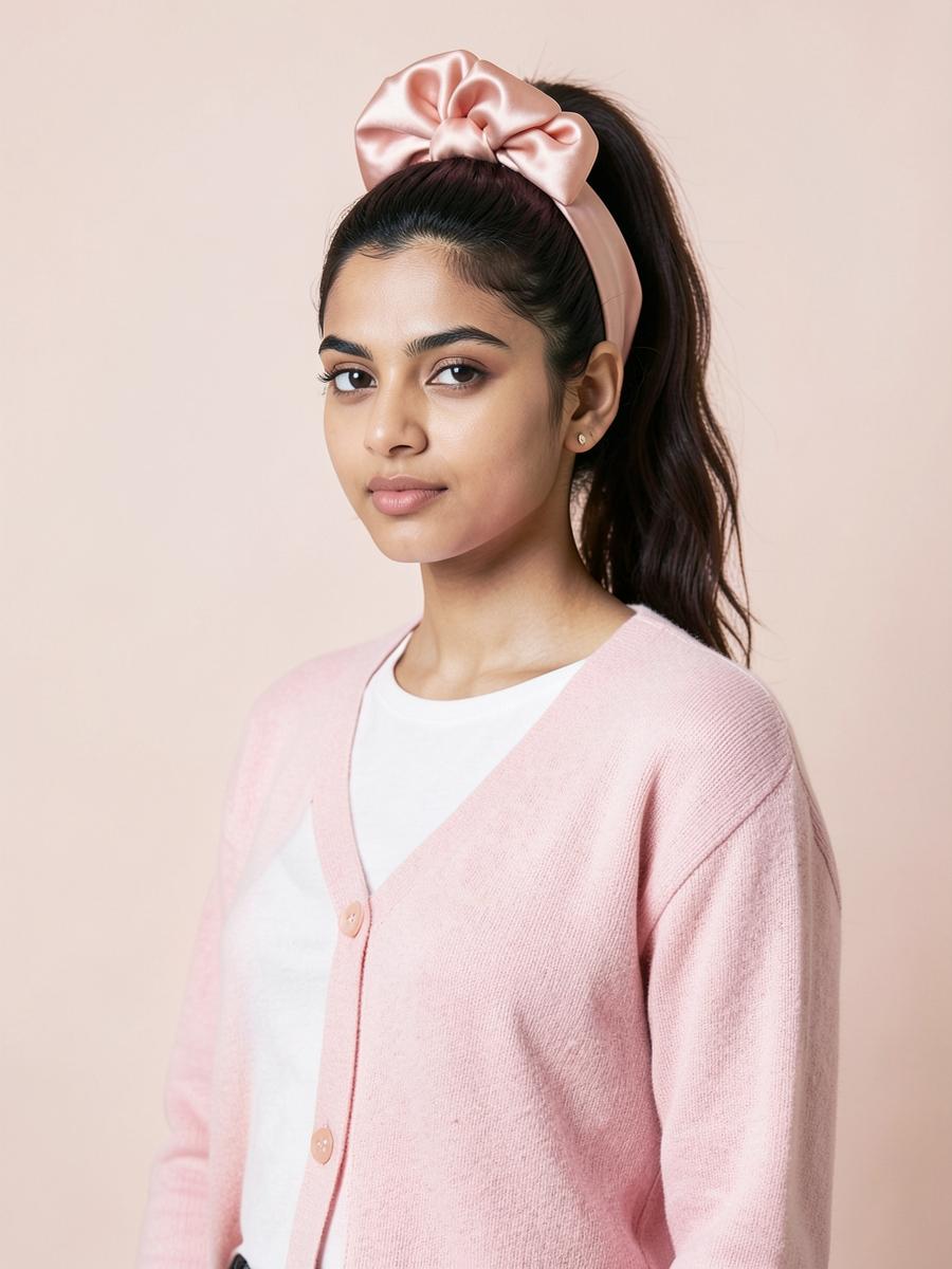 Blush pink scrunchie styled for an everyday look